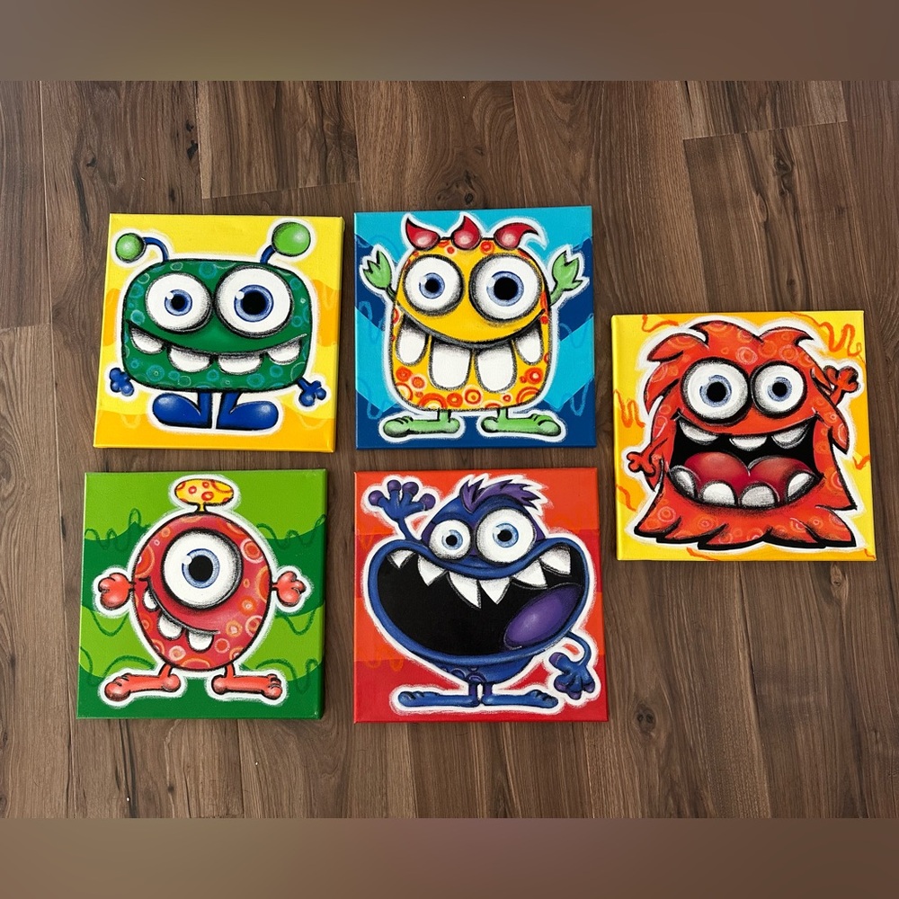 Set of five 12x12 cute monster canvas paintings